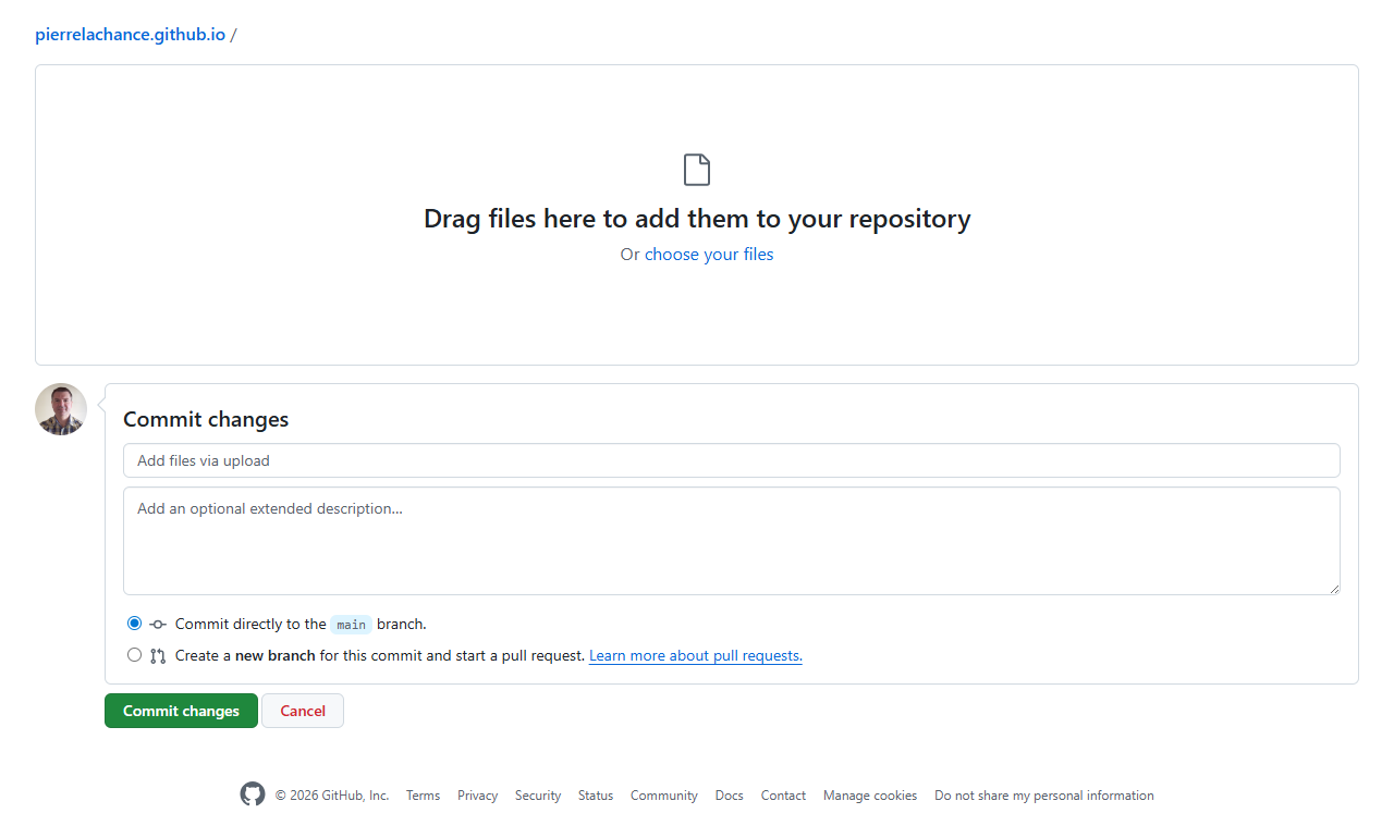 Capture d'écran de la zone de téléversement de fichier dans un dépôt GitHub : zone de glisser-déposer et bouton Choisissez vos fichiers