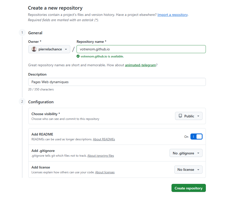 Capture d'écran du formulaire de création d'un dépôt GitHub : le champ nom contient 'mtremblay.github.io' et la visibilité est réglée sur Public